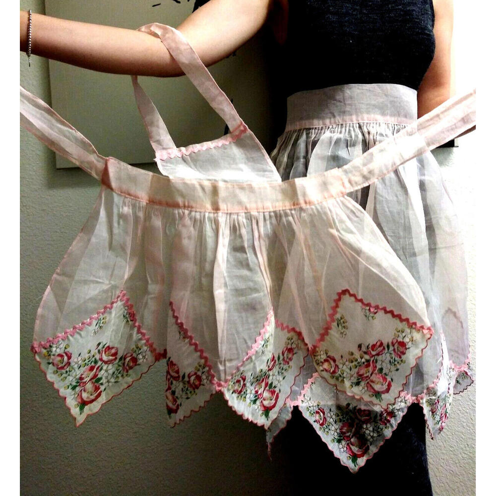 40s 50s Silk Organza Apron Mother Daughter Set Light Pink Red Roses Handkerchief - Picture 10 of 16